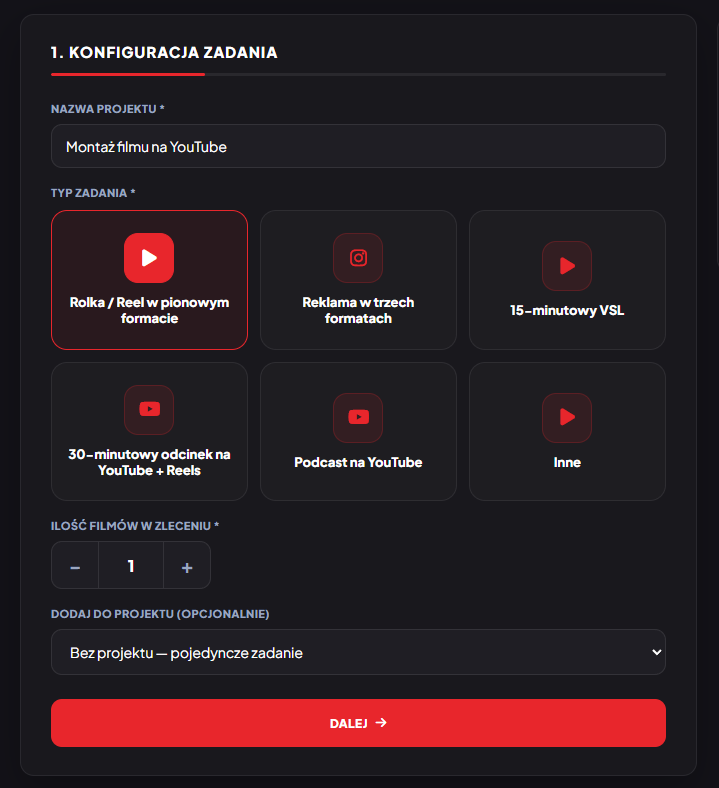 Kreator zlecenia: nazwa materiału i wybór typu