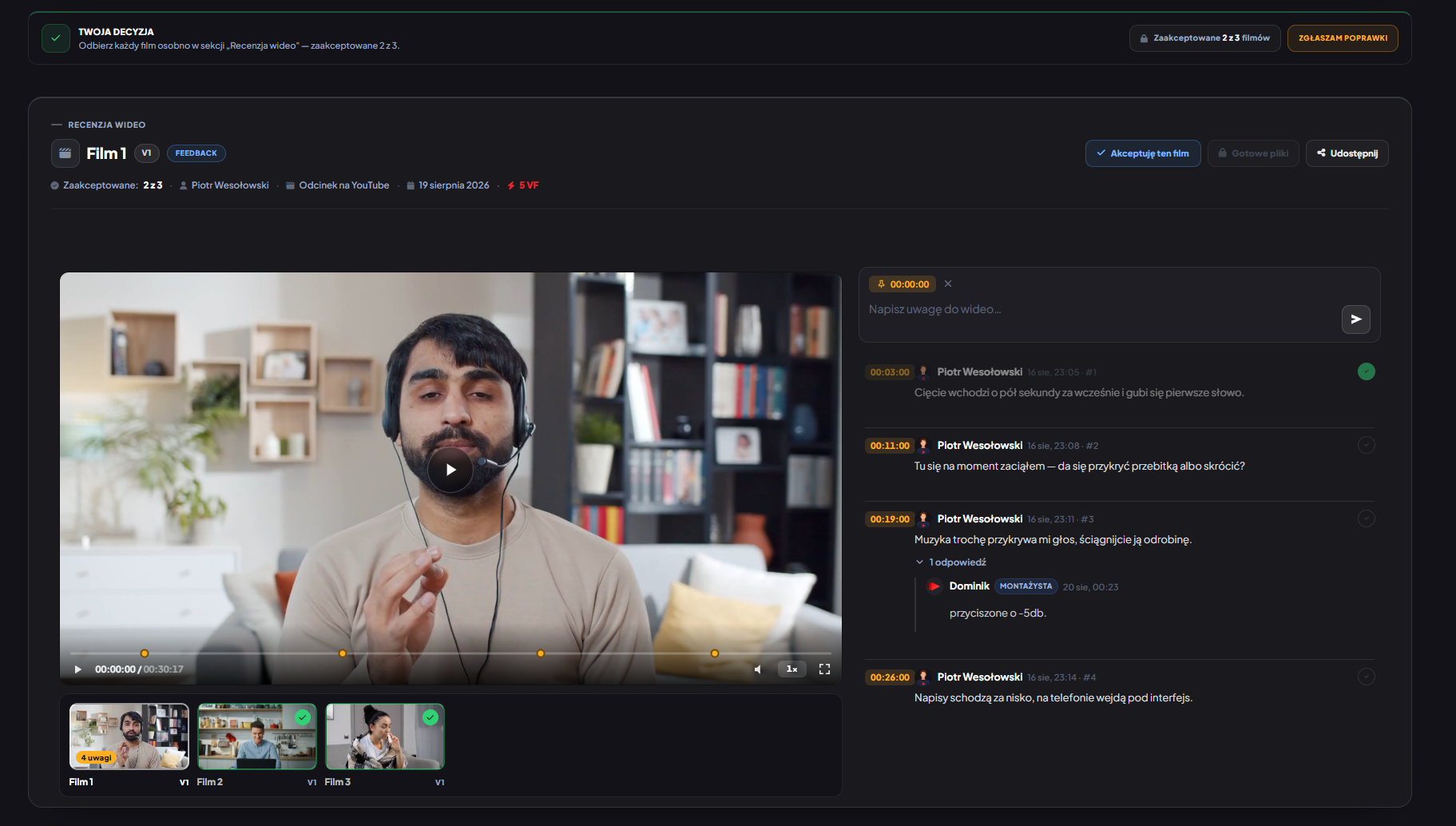 Recenzja wideo: uwagi przypięte do sekund na osi materiału